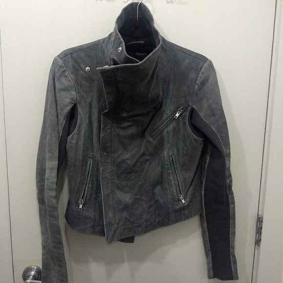 VEDA Max Classic Leather Jacket - Grey/Blue Sz M - Picture 2 of 10